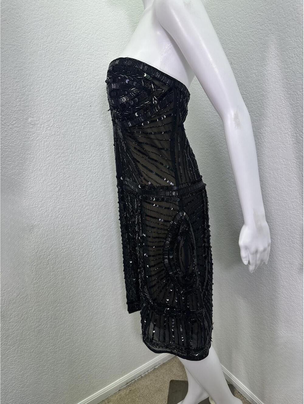 Sz L Sovage Black Beaded Sequin Strapless Flapper Dress Art Deco Gothic - Picture 3 of 7